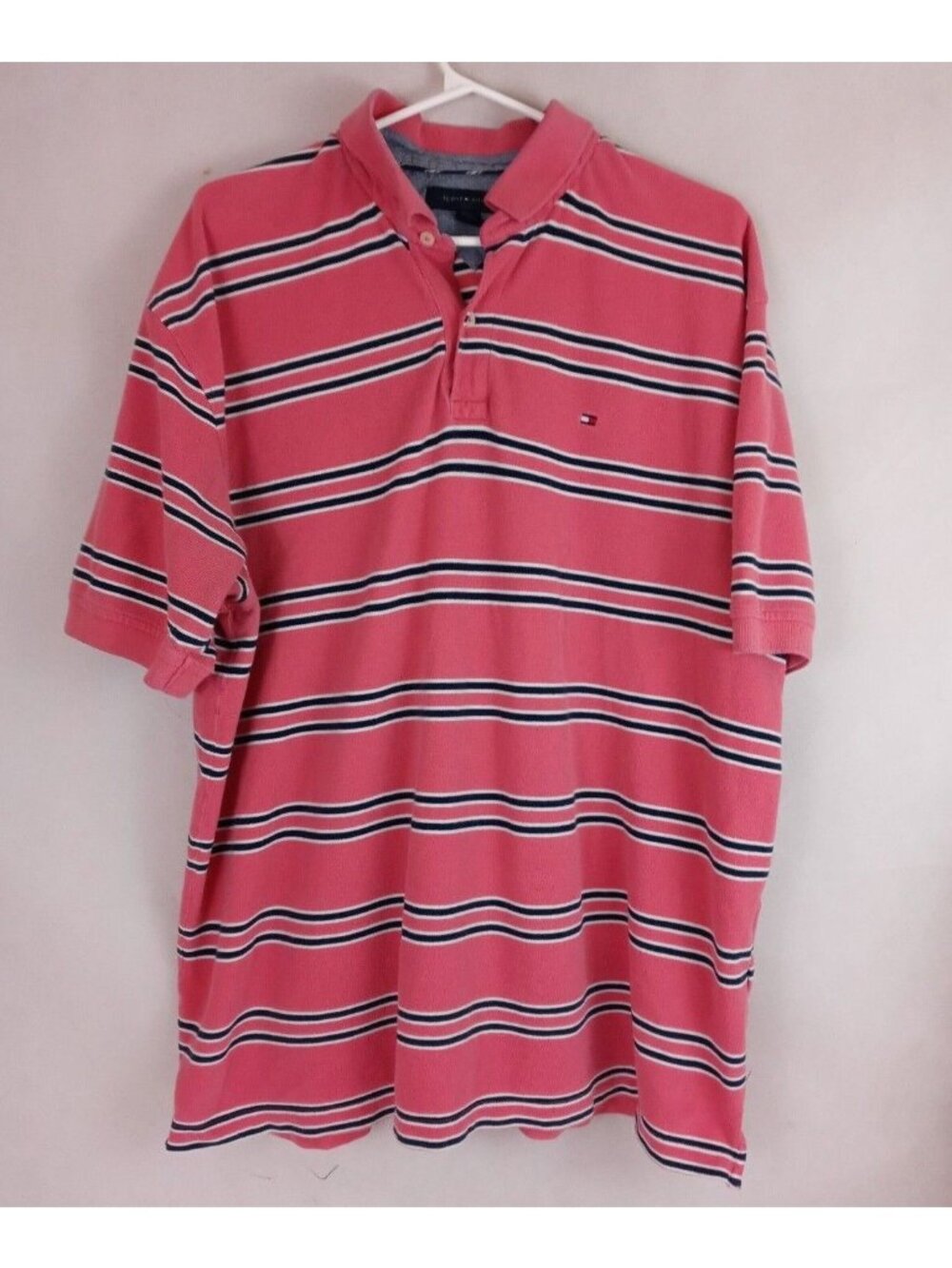 Vintage Tommy Hilfiger Men's Pink Striped Polo Shirt Size XXL 100% Cotton